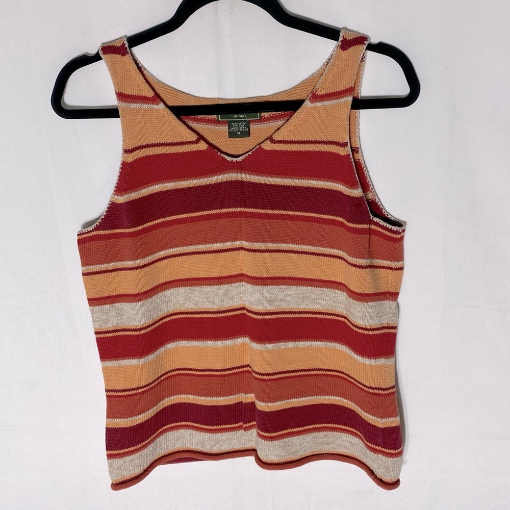 Vintage Eddie Bauer Orange Red Cream Cotton Linen Striped Knit Tank Top M
